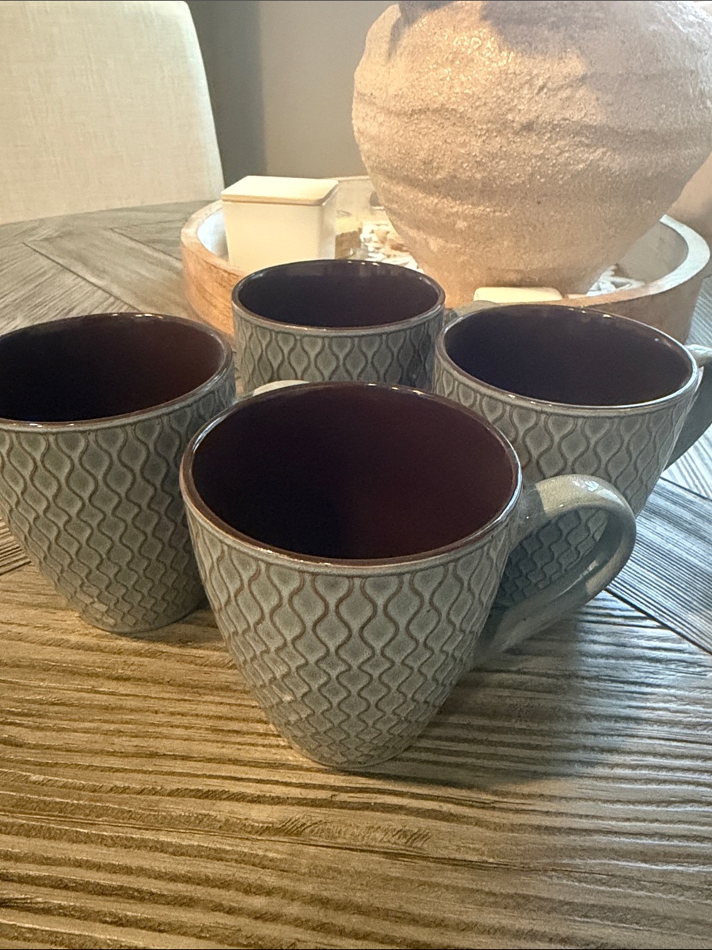 Stoneware Textured Blue/Grey and Brown Mugs - Set of 4